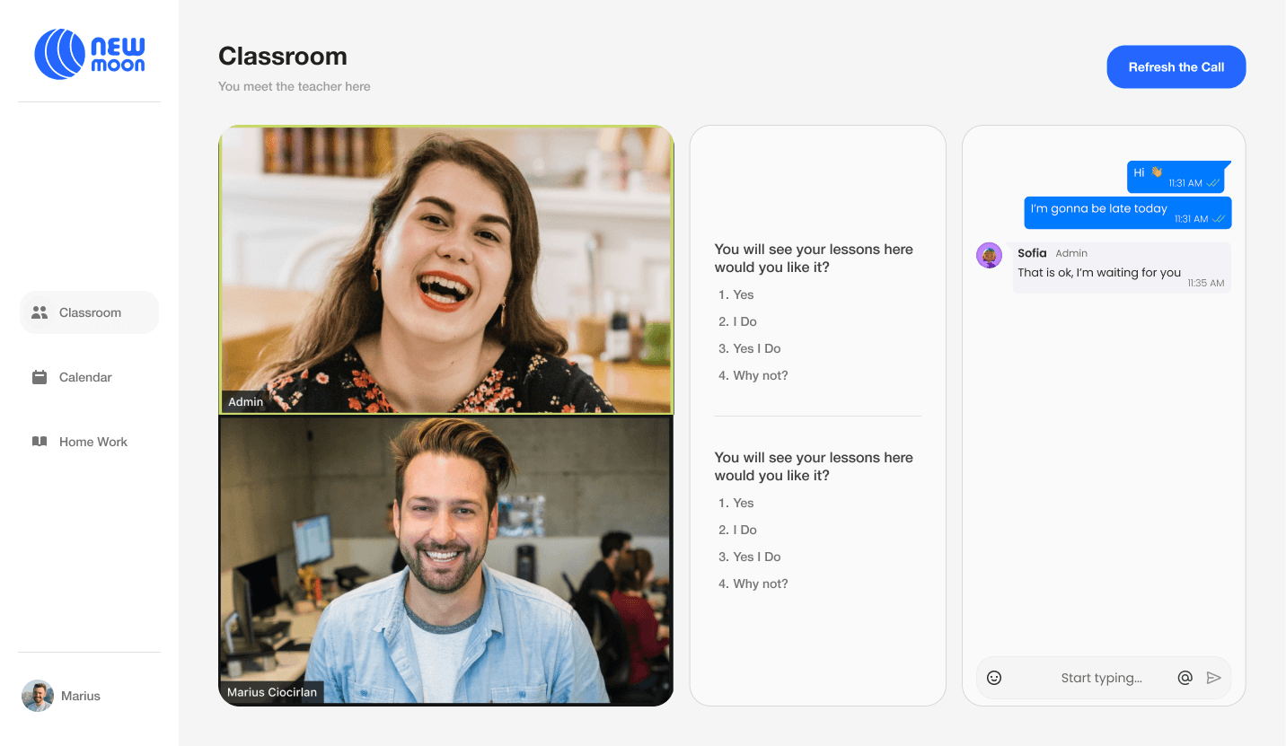 A class session inside New Moon dashboard